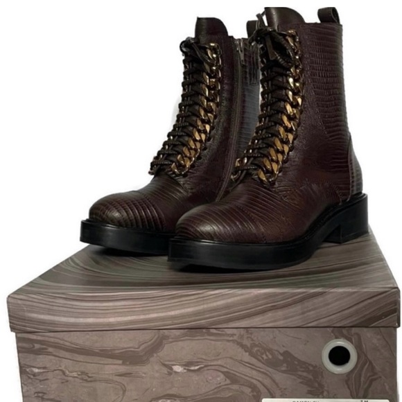 JEFFREY CAMPBELL Size 7 Damon Snakeskin Embossed Brown Lizard Gold Combat Boot - Picture 11 of 12